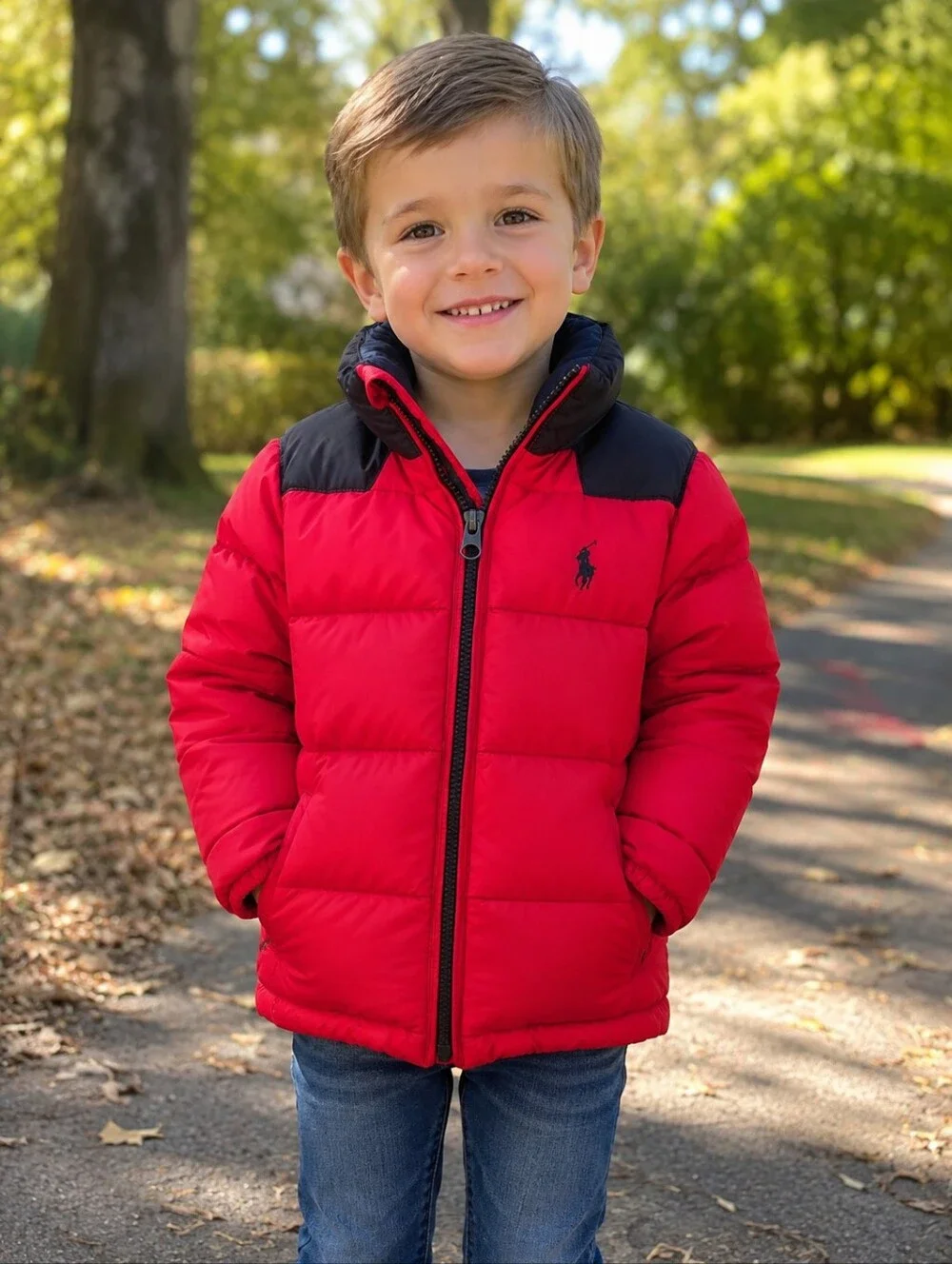 Polo Ralph Lauren Boys Size 6 Red Puffer Jacket Black Trim Full Zip